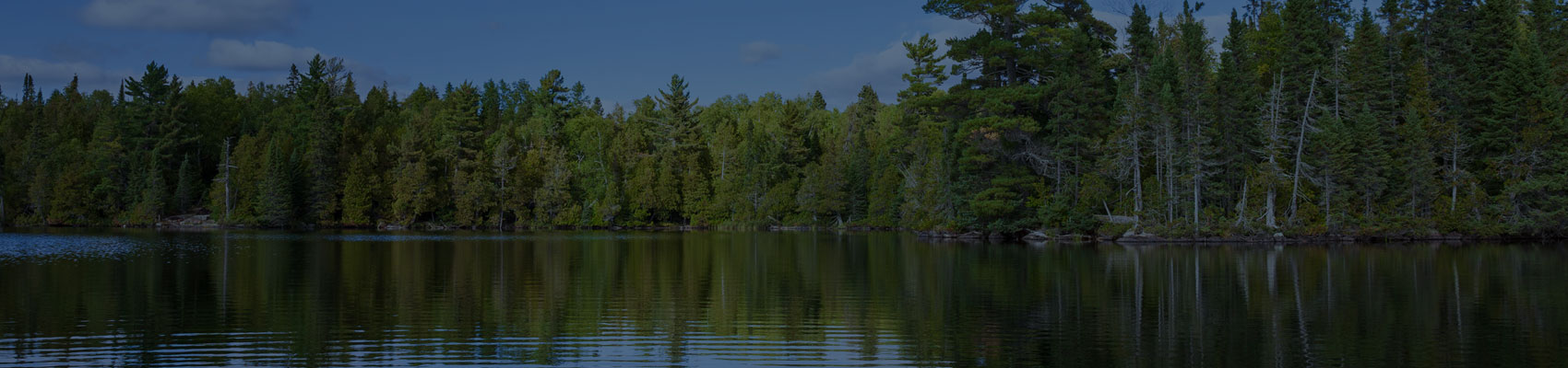Blue lake in northern Minnesota with pines along the shore during autumn 