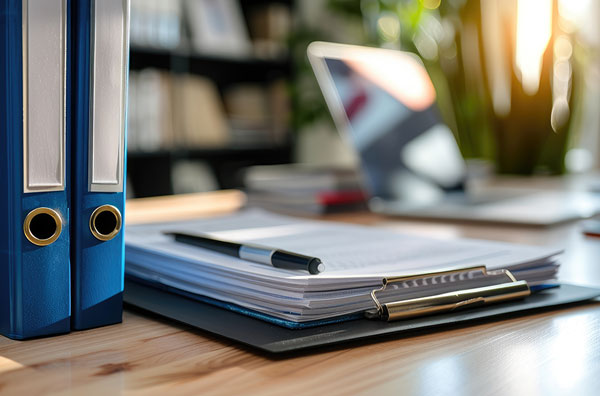 Blue binders and notepad with pen and computer sitting on a desk