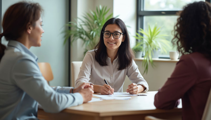 Businesswoman leads meeting around a table with staff in office.